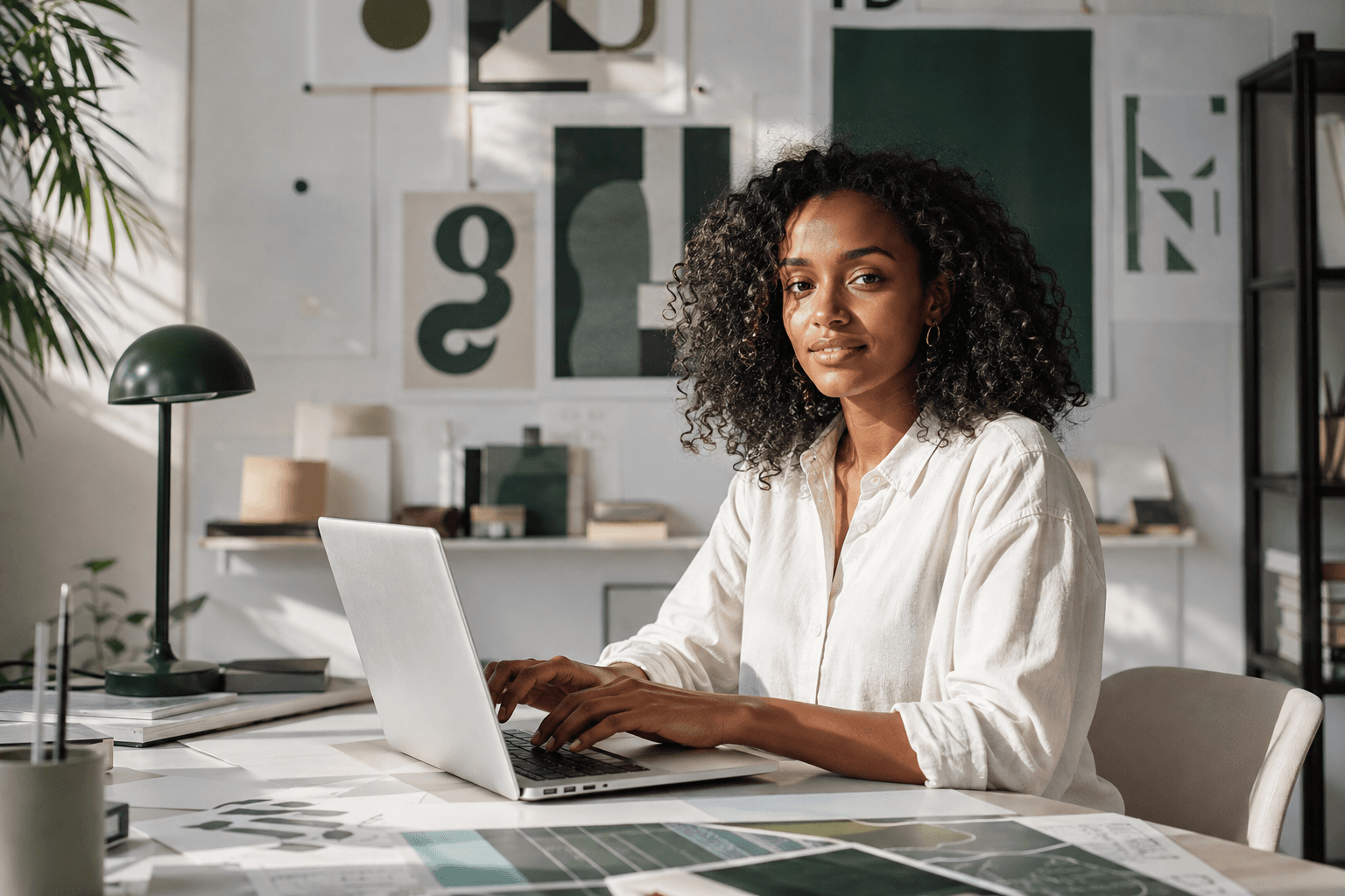 Creative professional working at a laptop in a sunlit design studio