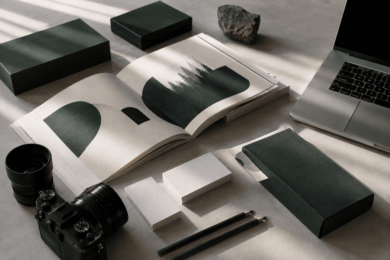 Brand design materials, a camera, and a laptop arranged on a studio worktable